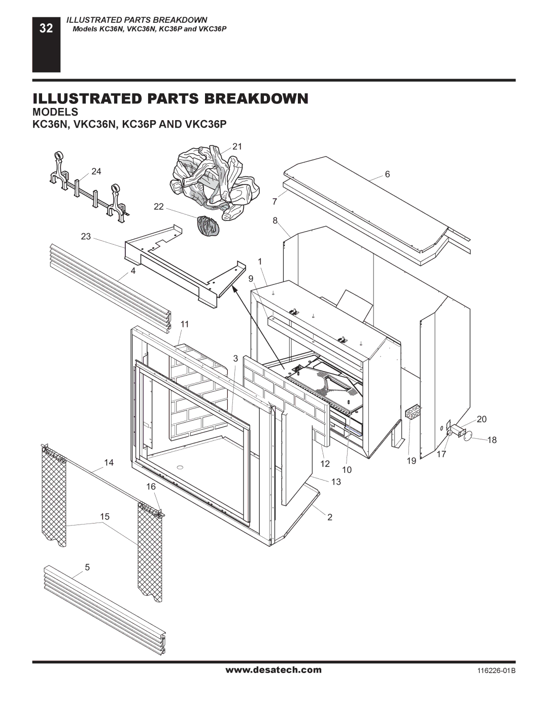 Desa KC36N SERIES, KC36P SERIES installation manual Illustrated Parts Breakdown, Models KC36N, VKC36N, KC36P and VKC36P 