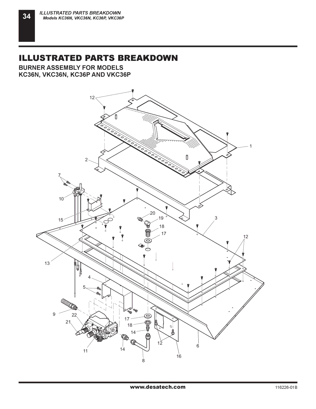 Desa KC36N SERIES, KC36P SERIES installation manual Burner Assembly for Models KC36N, VKC36N, KC36P and VKC36P 