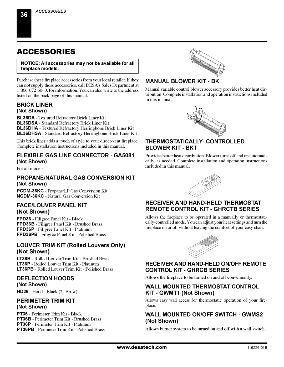 Desa KC36N SERIES, KC36P SERIES installation manual Accessories 