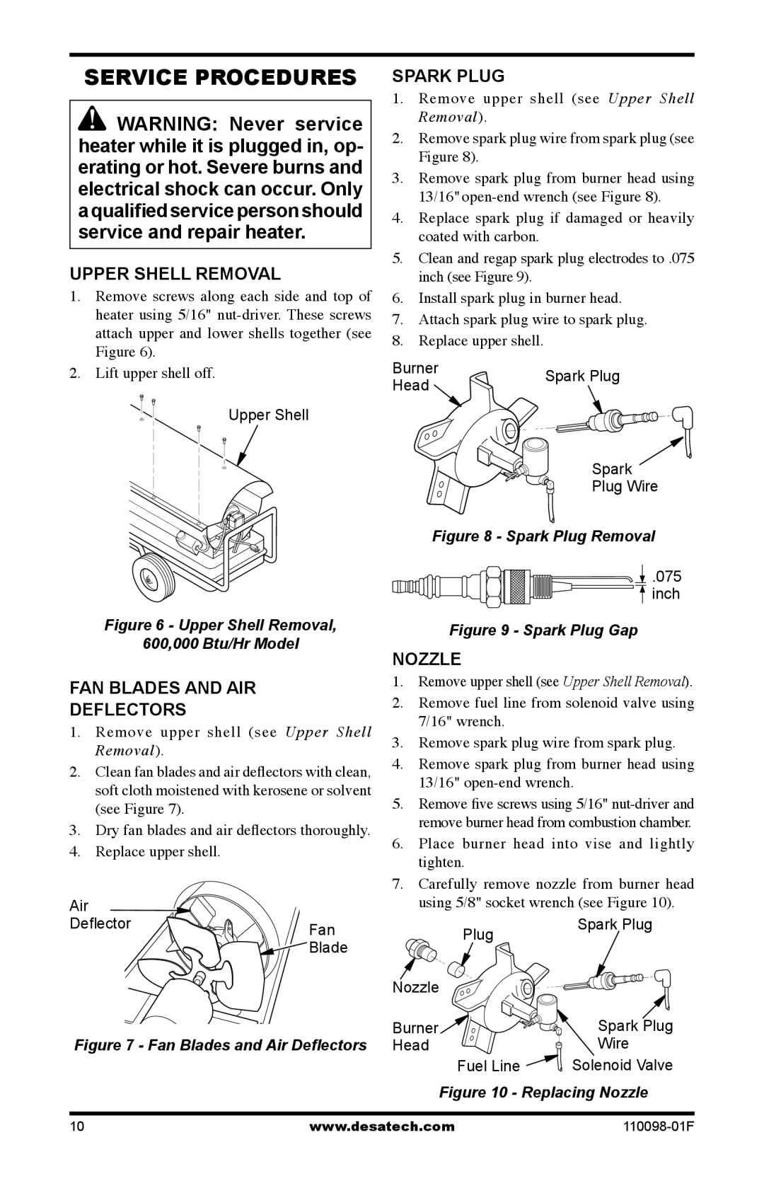 Desa KEROSENE HIGH PRESSURE PORTABLE FORCED AIR HEATERS Service Procedures, Upper Shell Removal, Spark Plug, Nozzle 