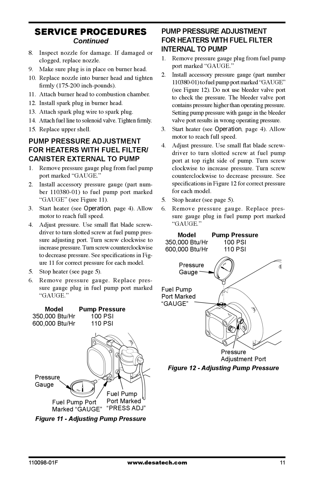 Desa KEROSENE HIGH PRESSURE PORTABLE FORCED AIR HEATERS Remove pressure gauge plug from fuel pump port marked Gauge 