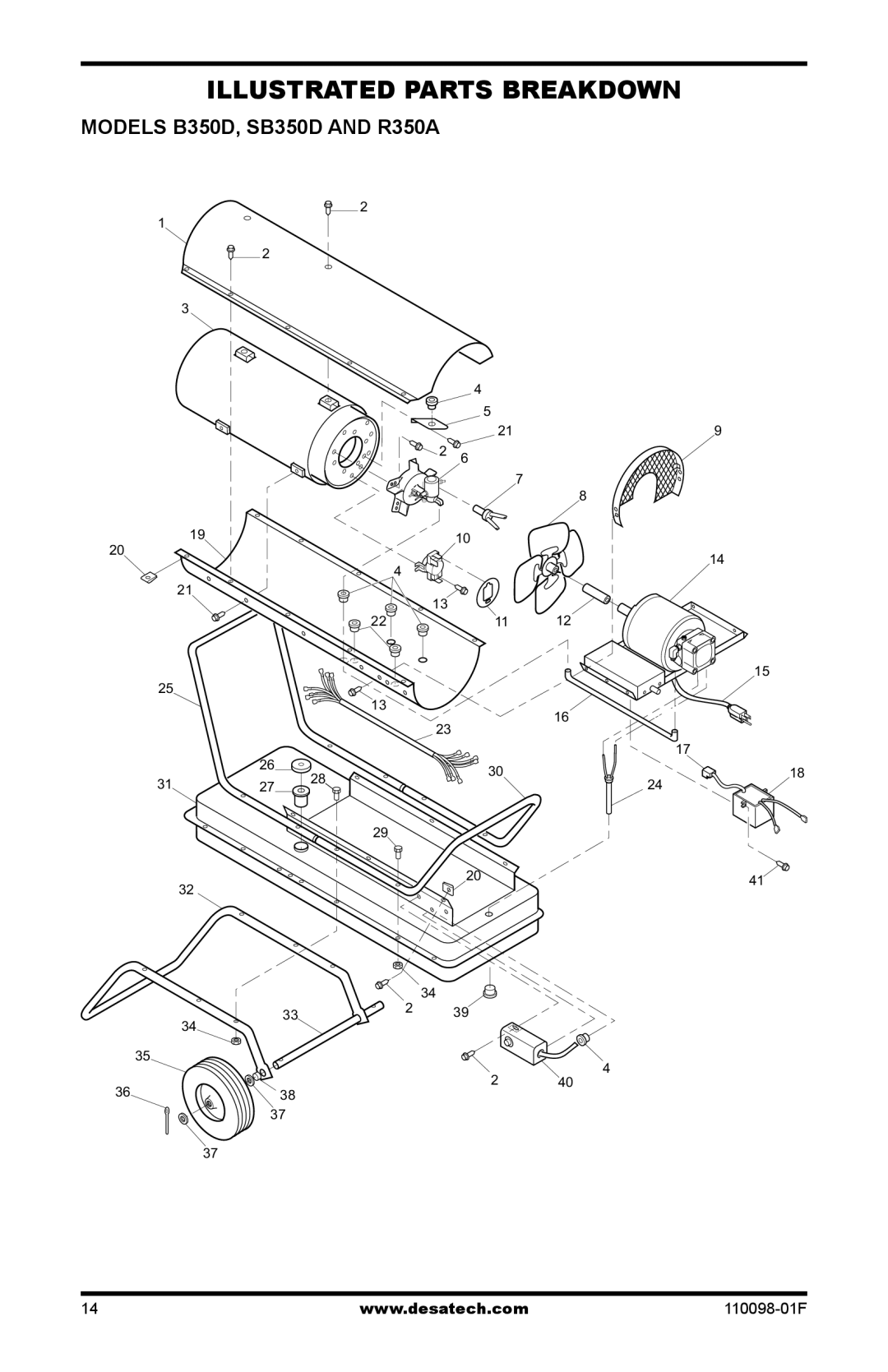 Desa KEROSENE HIGH PRESSURE PORTABLE FORCED AIR HEATERS Illustrated Parts Breakdown, Models B350D, SB350D and R350A 