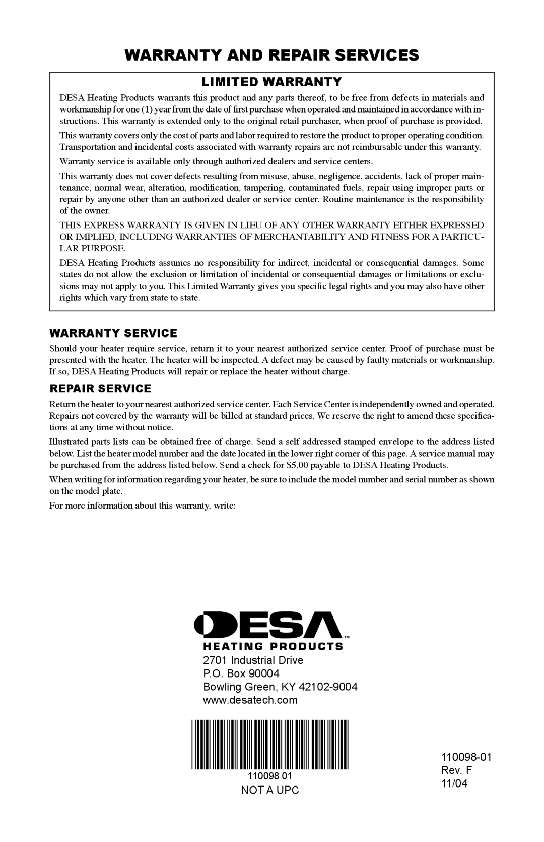 Desa KEROSENE HIGH PRESSURE PORTABLE FORCED AIR HEATERS owner manual Warranty and Repair Services, Limited Warranty 