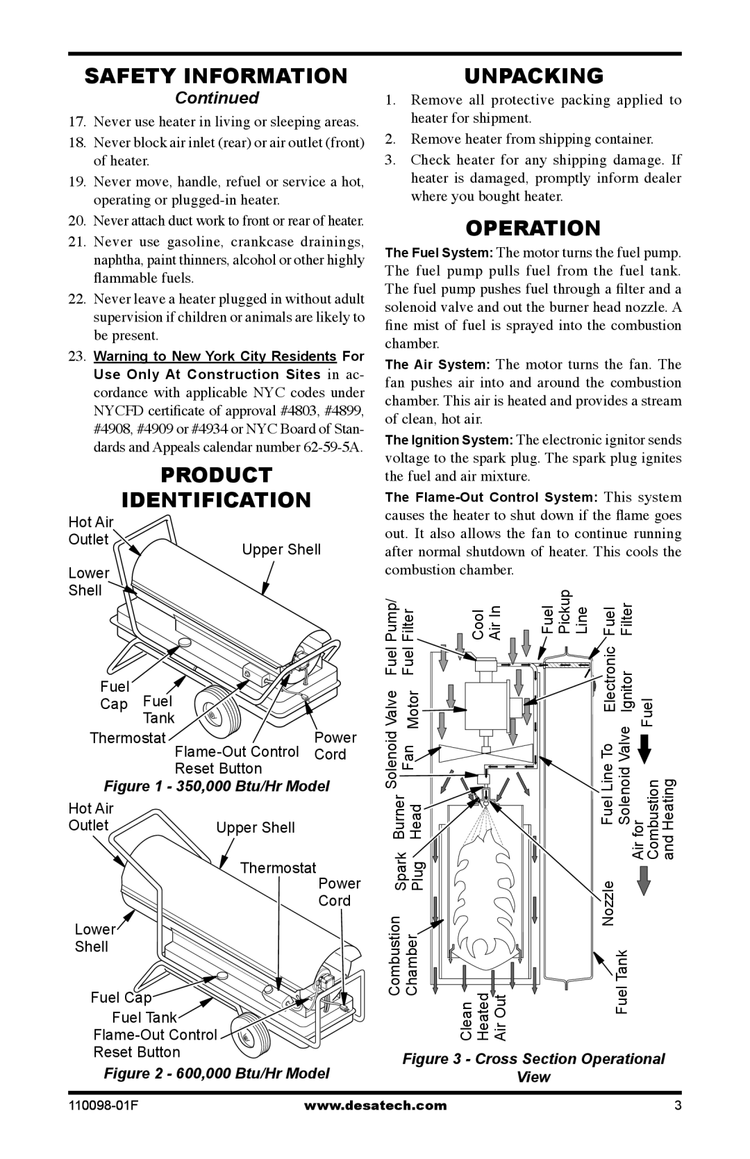 Desa KEROSENE HIGH PRESSURE PORTABLE FORCED AIR HEATERS owner manual Product Identification, Unpacking, Operation 