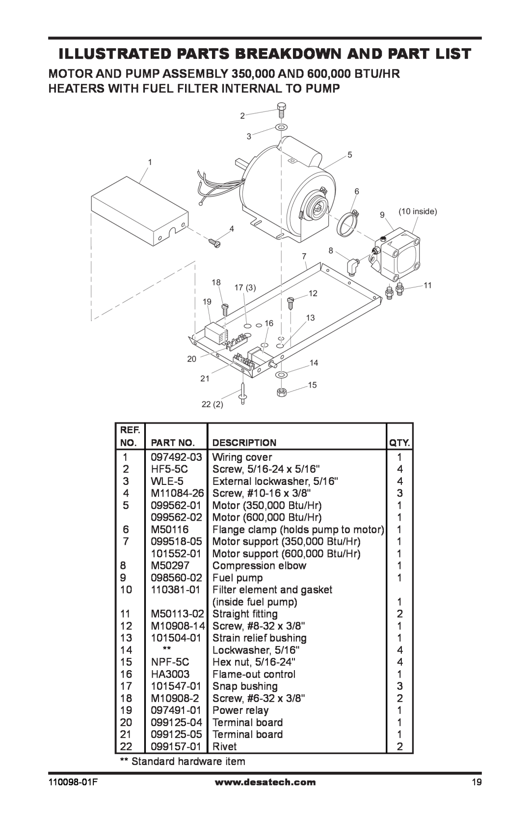Desa KEROSENE HIGH PRESSURE PORTABLE FORCED AIR HEATERS owner manual Illustrated Parts Breakdown And Part List, 097492-03 