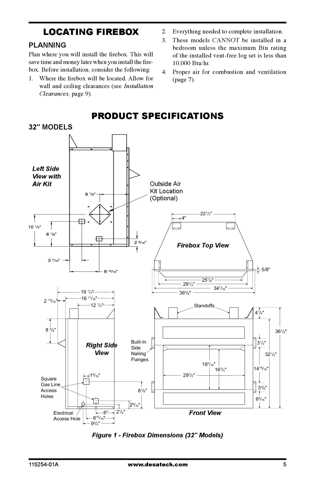 Desa L32, L36 L36, L42, L32, L36, L36, L42, LZPR) Locating Firebox, Product Specifications, Planning, Models 