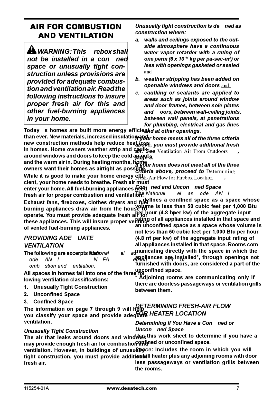 Desa LZPR) AIR for Combustion Ventilation, Providing Adequate Ventilation, Determining FRESH-AIR Flow for Heater Location 