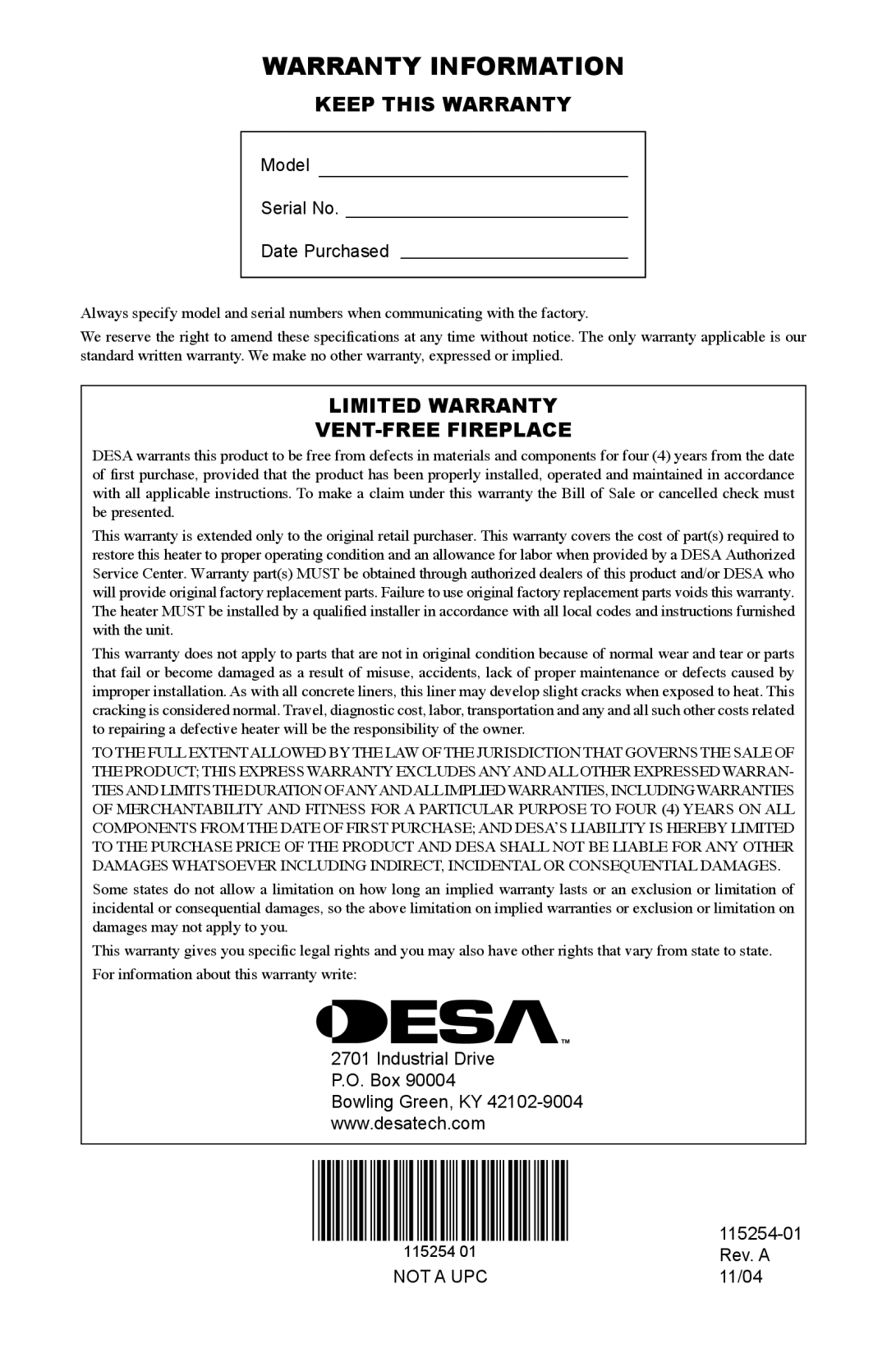Desa LEN) (V)L32(HP, LZPR), LHP) (V)L36(EP Warranty Information, Keep This Warranty, Limited Warranty Vent-Freefireplace 