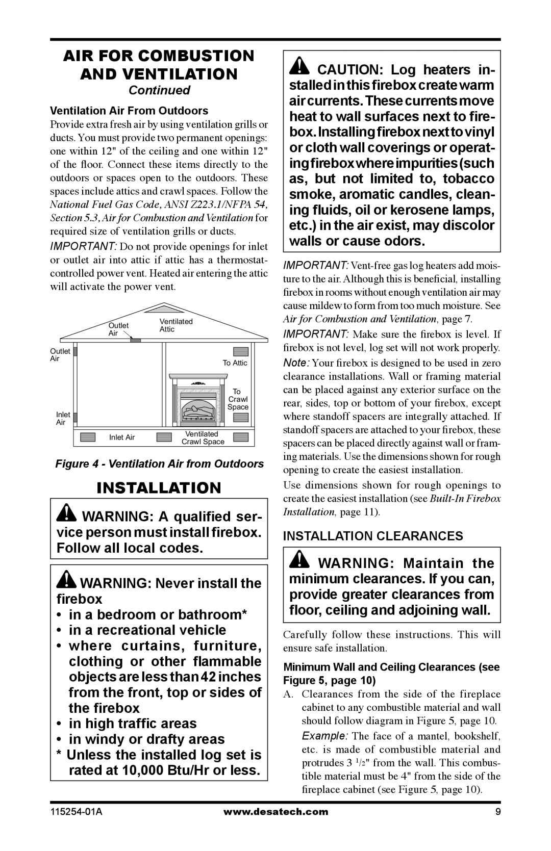 Desa LEN) (V)L32(HP, LZPR) Air For Combustion And Ventilation, Installation, WARNING Never install the ﬁrebox, Continued 