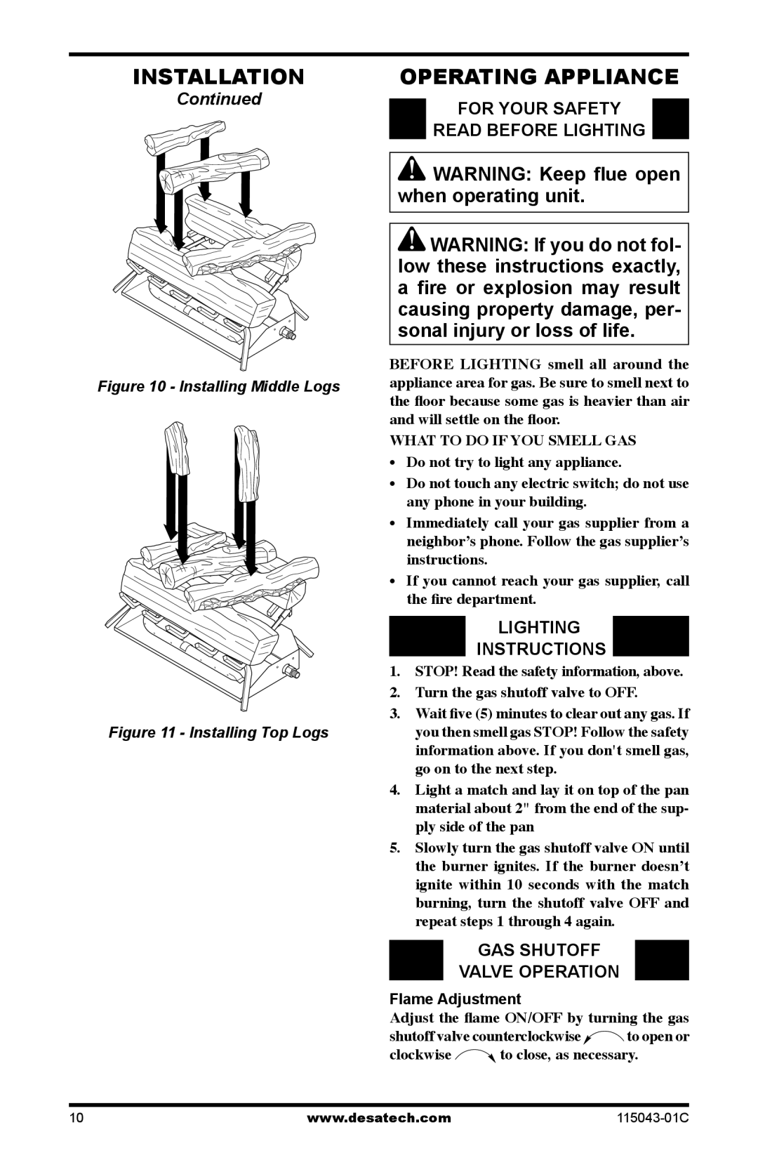 Desa LCF18 Operating Appliance, For Your Safety Read Before Lighting, Lighting Instructions, GAS Shutoff Valve Operation 