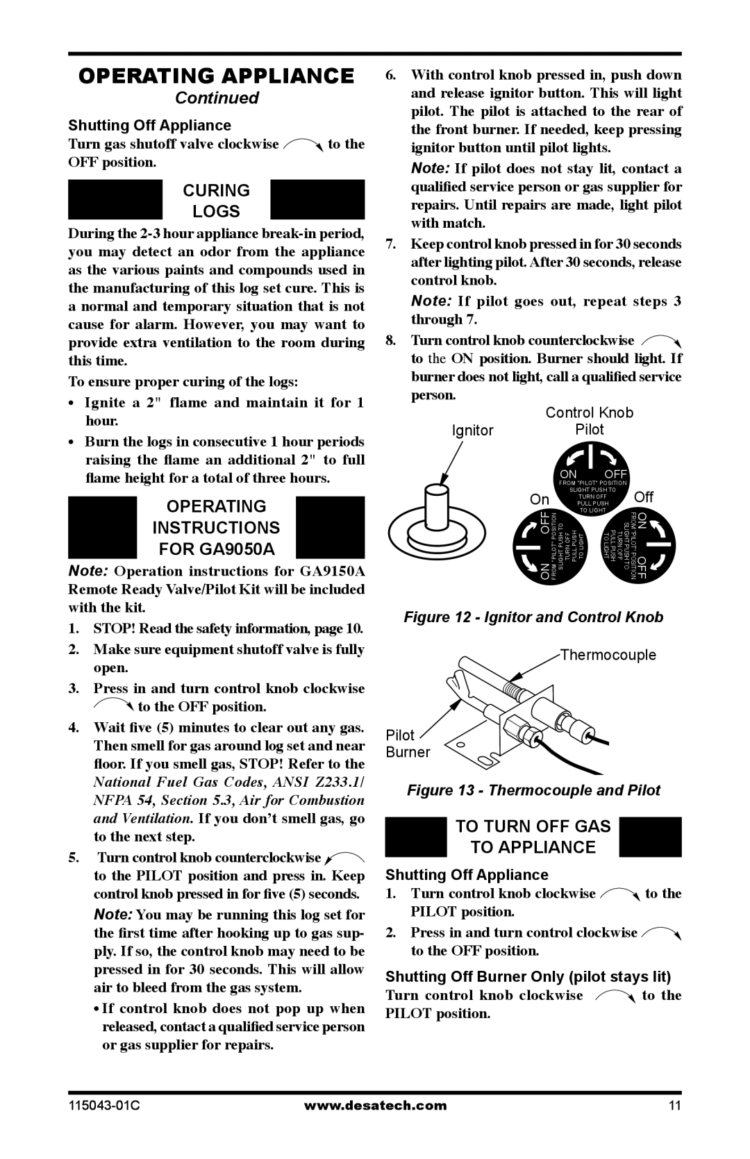 Desa LCF24, LCF18 installation manual Curing Logs, Operating Instructions For GA9050A, Shutting Off Appliance 