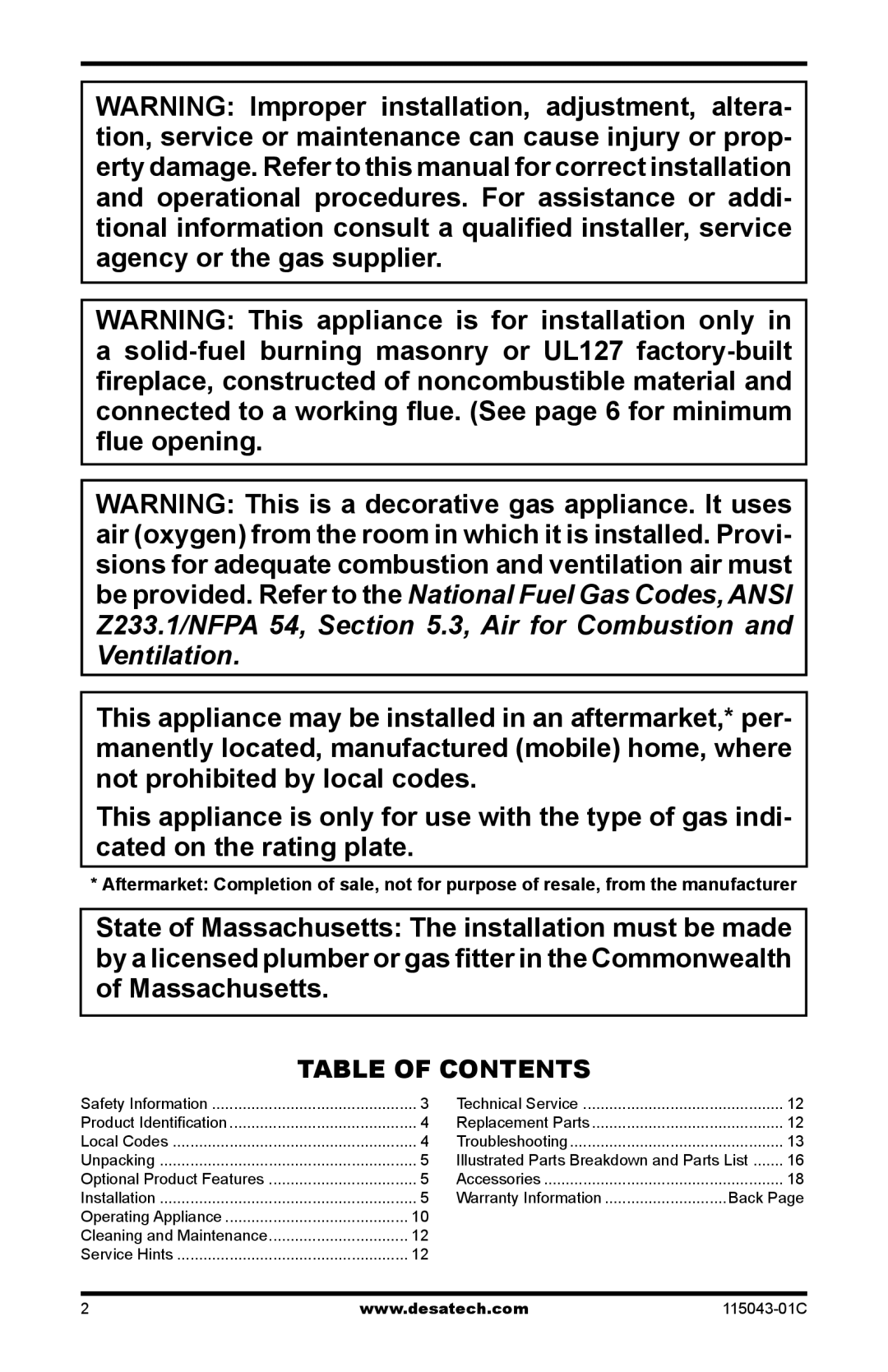 Desa LCF18, LCF24 installation manual Table of Contents 