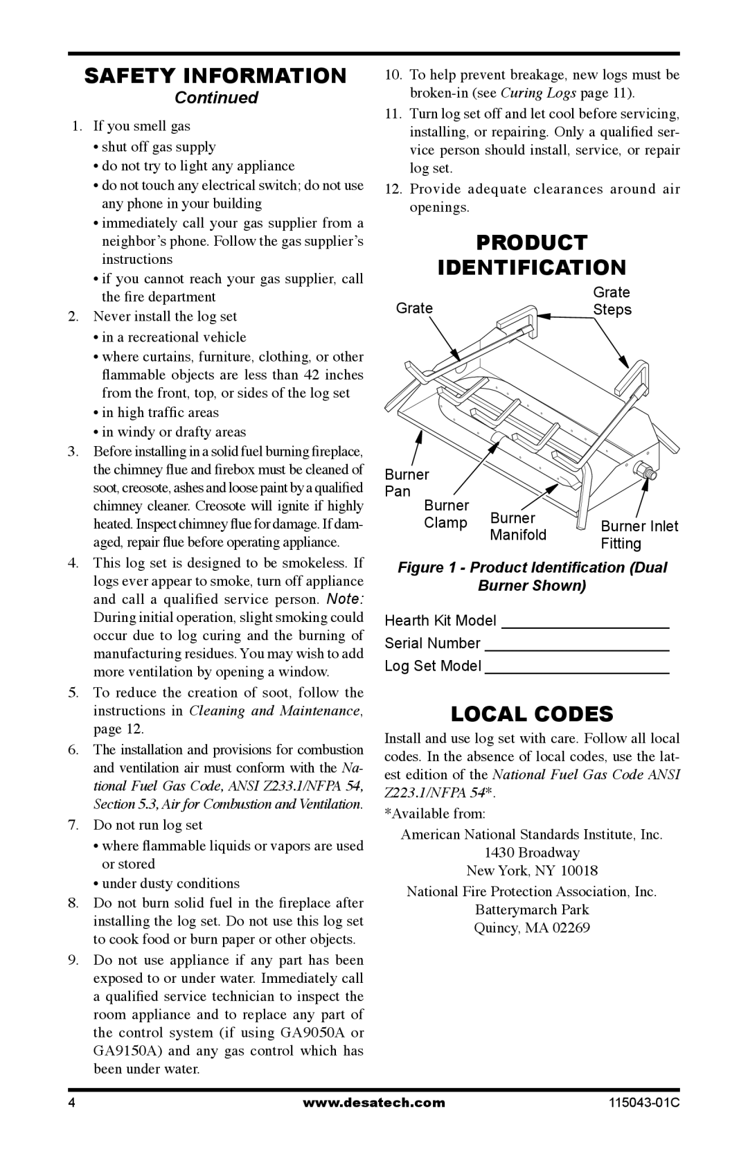 Desa LCF18, LCF24 installation manual Product Identification, Local Codes 