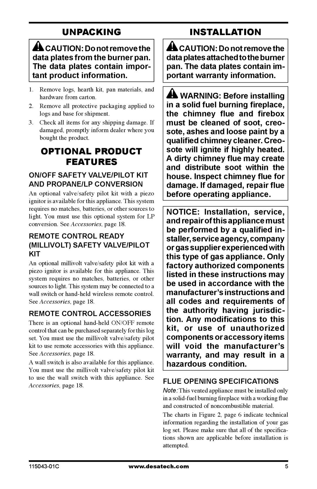 Desa LCF24, LCF18 installation manual Unpackinginstallation, Optional Product Features 