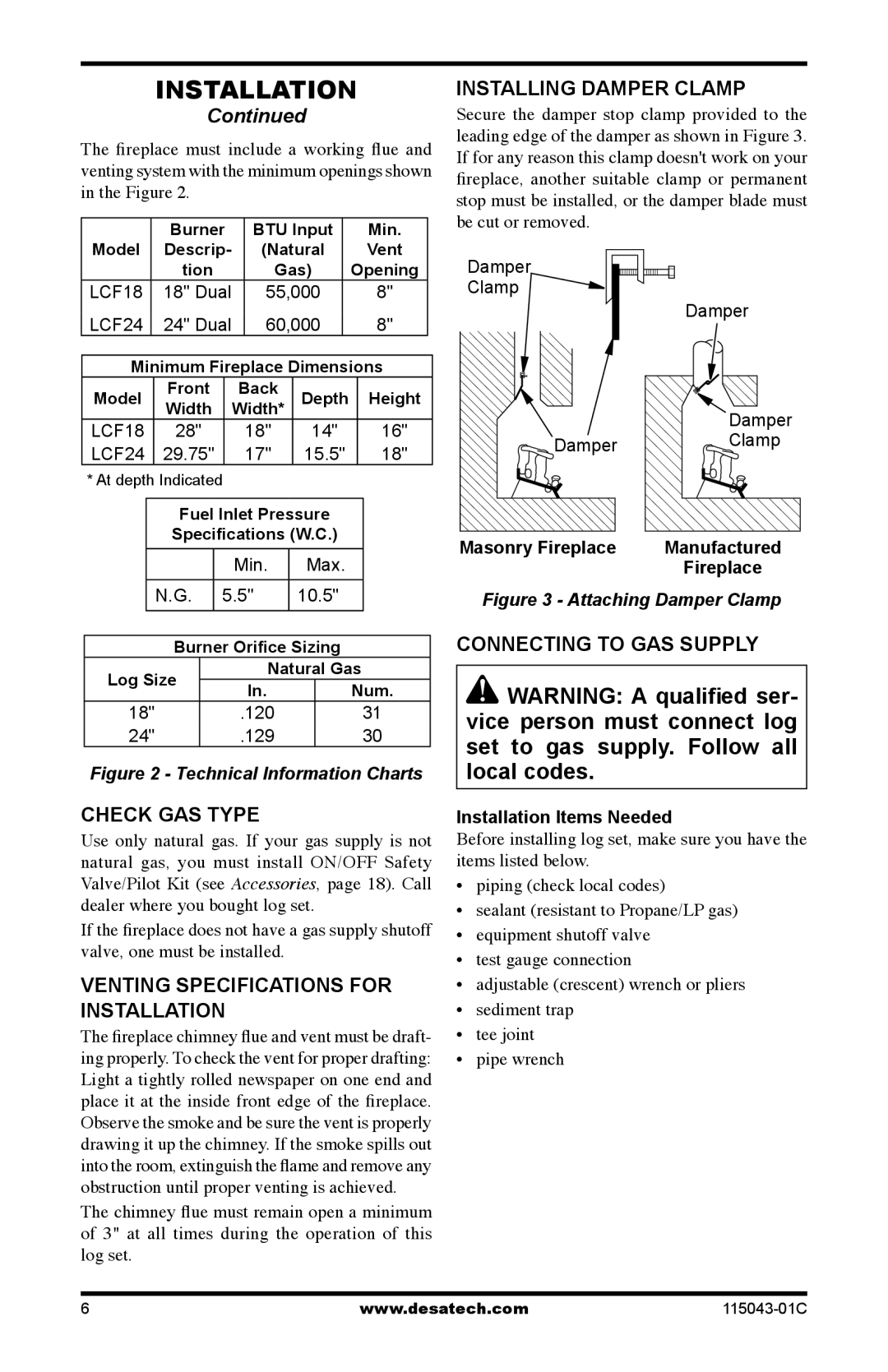 Desa LCF18 Check GAS Type, Venting Specifications for Installation, Installing Damper Clamp, Connecting to GAS Supply 