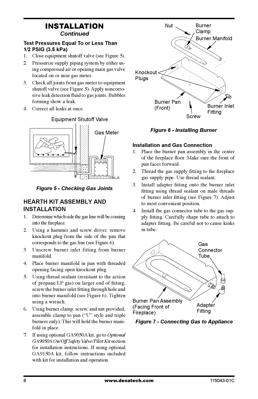 Desa LCF18, LCF24 Hearth KIT Assembly and Installation, Test Pressures Equal To or Less Than 1/2 Psig 3.5 kPa 