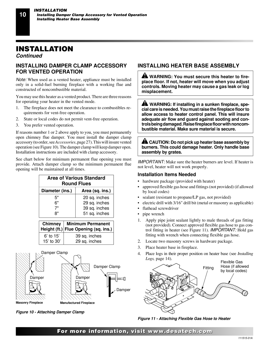 Desa LDL3924NR installation manual Installing Damper Clamp Accessory for Vented Operation, Installing Heater Base Assembly 