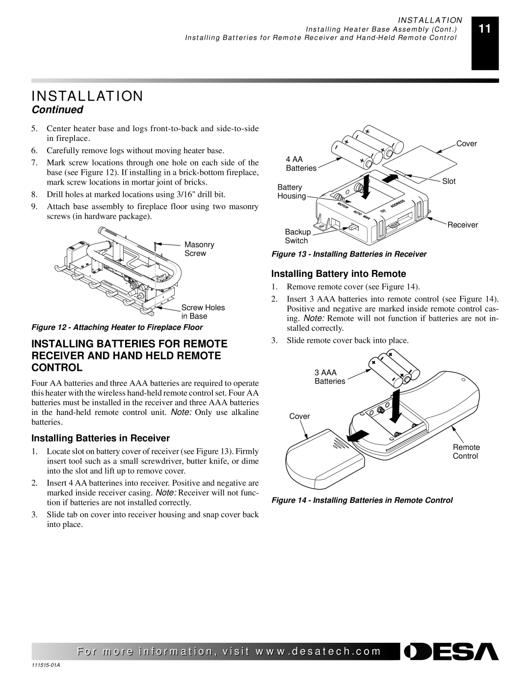 Desa LDL3924NR installation manual Installing Batteries in Receiver, Installing Battery into Remote 