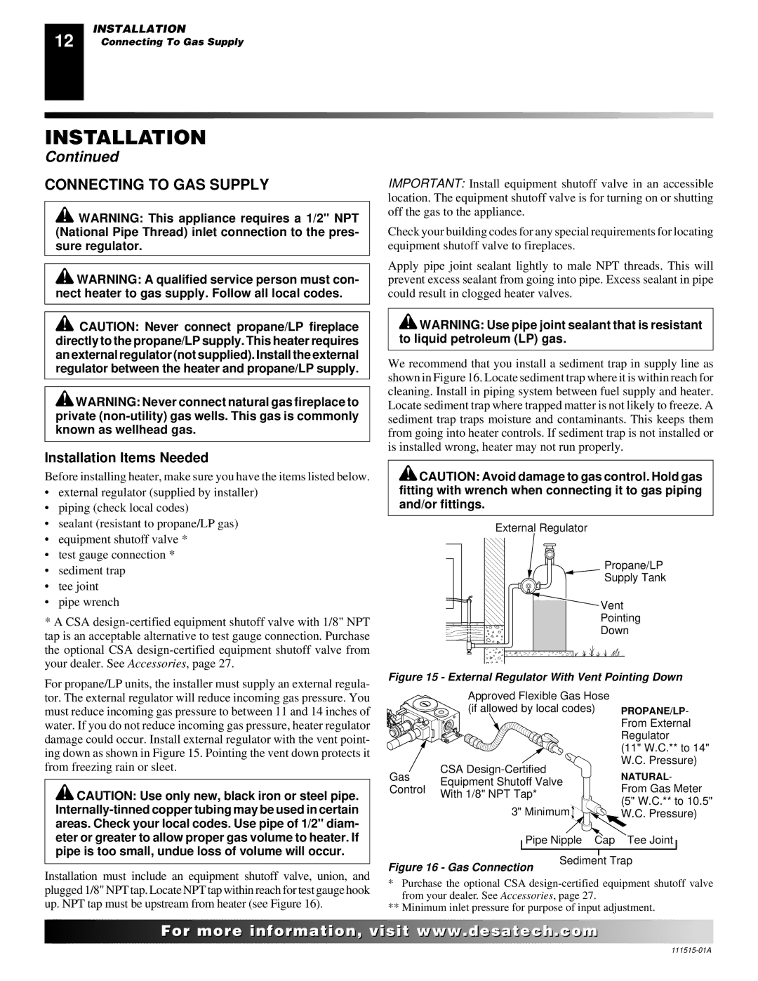 Desa LDL3924NR installation manual Connecting to GAS Supply, Sure regulator 