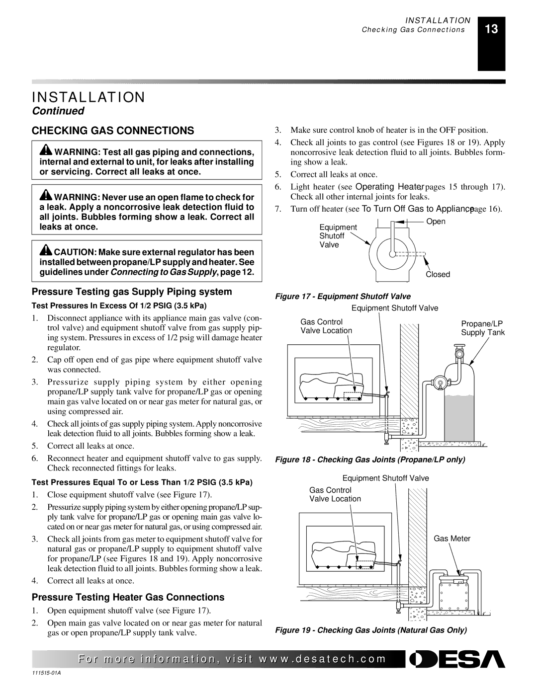 Desa LDL3924NR installation manual Checking GAS Connections, Pressure Testing gas Supply Piping system 