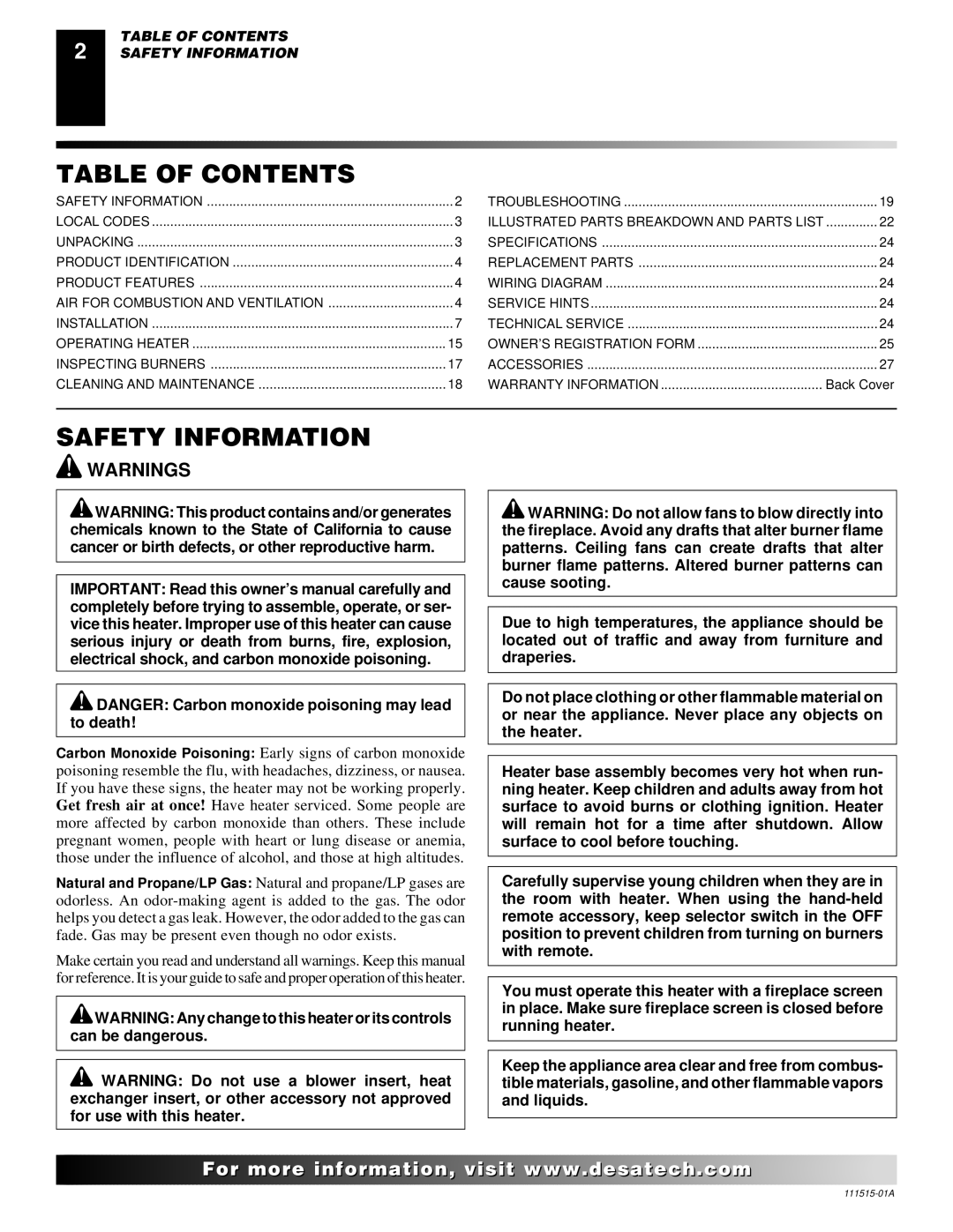 Desa LDL3924NR installation manual Table of Contents, Safety Information 