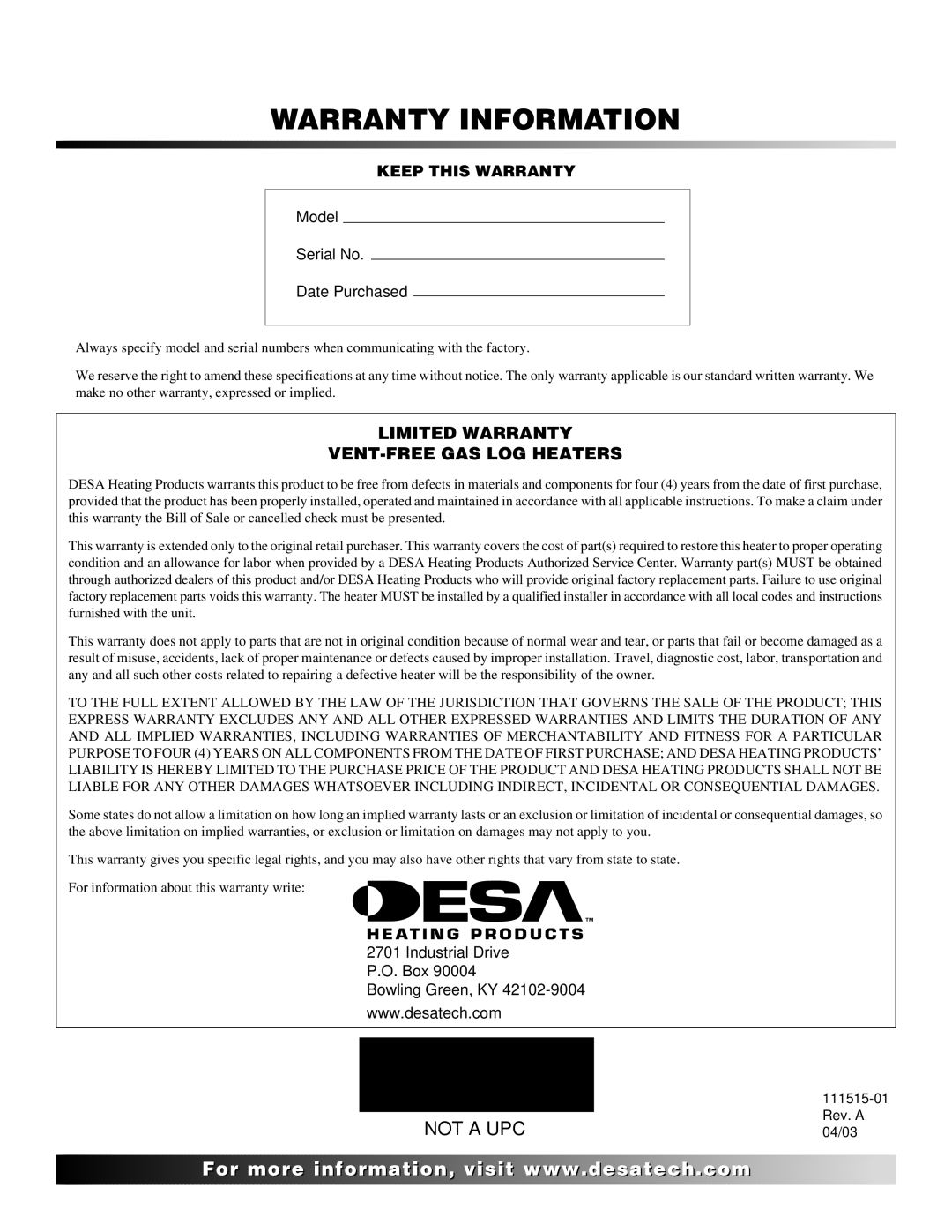 Desa LDL3924NR installation manual Warranty Information 