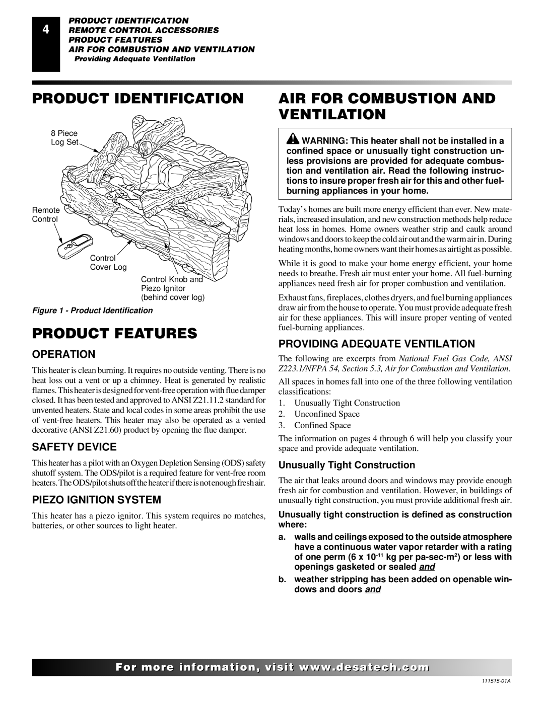 Desa LDL3924NR installation manual Product Identification, Product Features, AIR for Combustion and Ventilation 