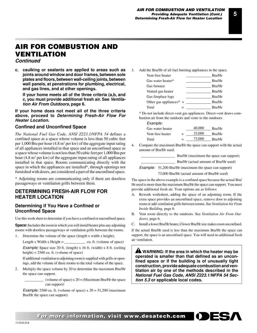 Desa LDL3924NR installation manual Determining FRESH-AIR Flow for Heater Location, Confined and Unconfined Space 