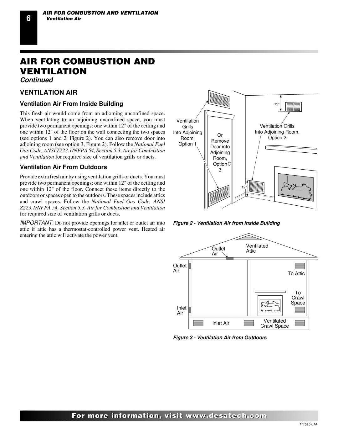 Desa LDL3924NR installation manual Ventilation AIR, Ventilation Air From Inside Building, Ventilation Air From Outdoors 