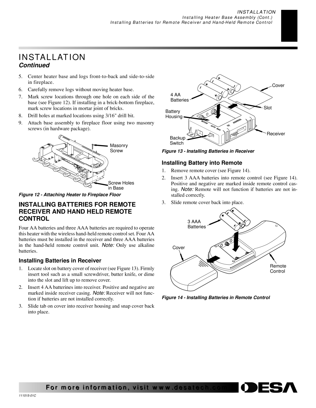 Desa LDL3924PR, LDL3930PR, LDL3930NR installation manual Installing Batteries in Receiver, Installing Battery into Remote 