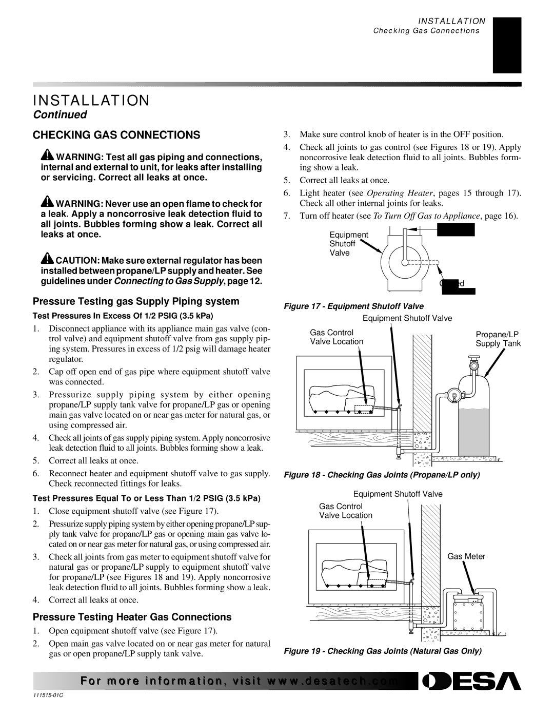 Desa LDL3930NR, LDL3930PR, LDL3924PR installation manual Checking GAS Connections, Pressure Testing gas Supply Piping system 