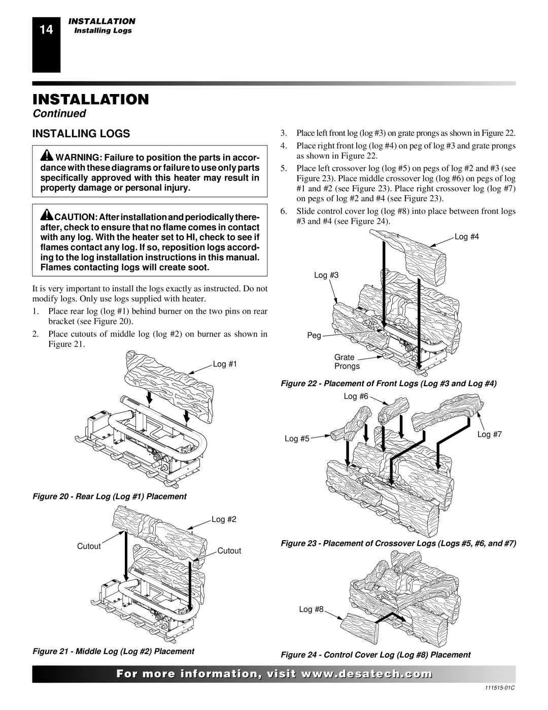 Desa LDL3924PR, LDL3930PR, LDL3930NR installation manual Installing Logs, Rear Log Log #1 Placement 