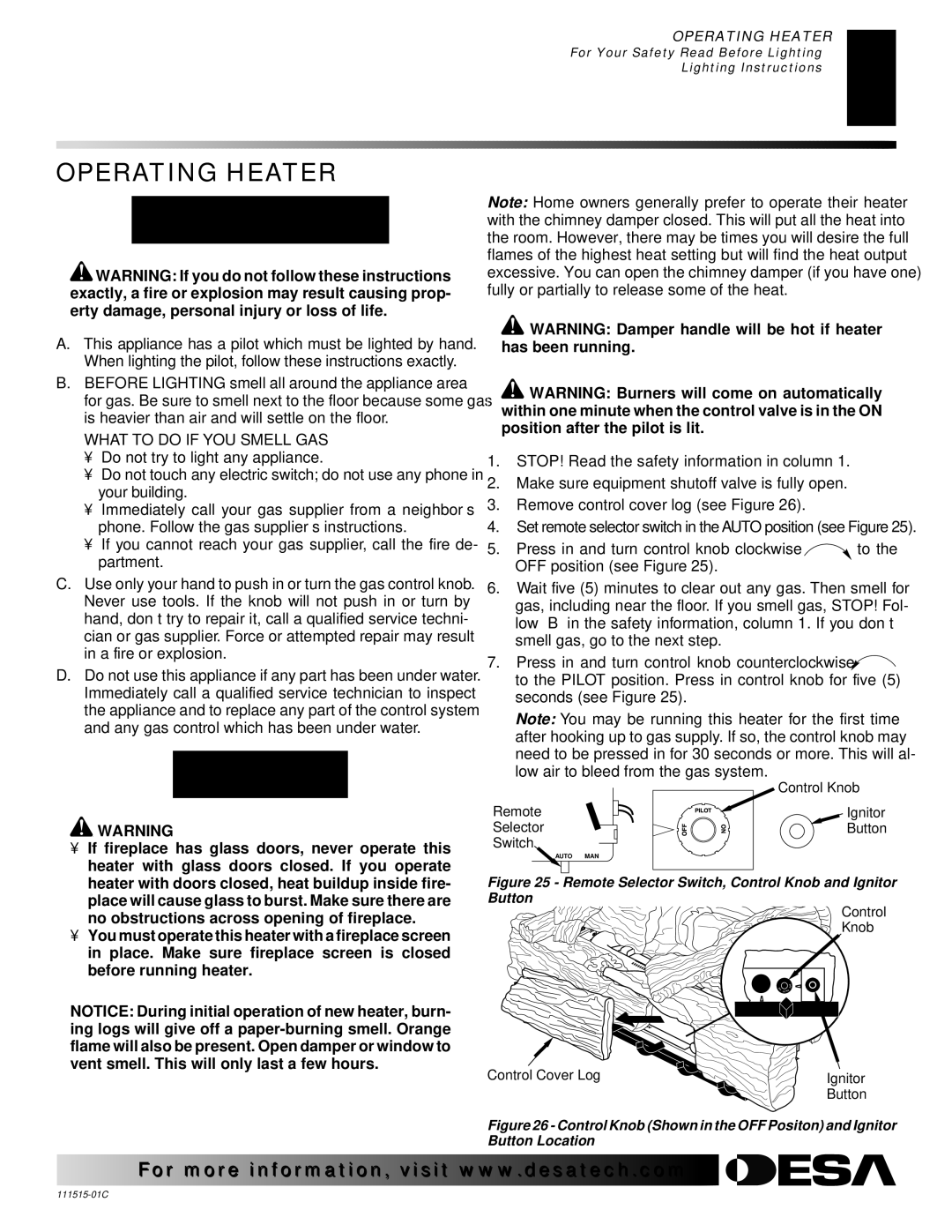 Desa LDL3930PR, LDL3930NR, LDL3924PR Operating Heater, For Your Safety Read Before Lighting, Lighting Instructions 