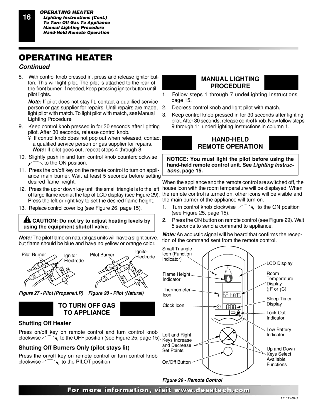 Desa LDL3930NR Manual Lighting Procedure, HAND-HELD Remote Operation, To Turn OFF GAS To Appliance, Shutting Off Heater 