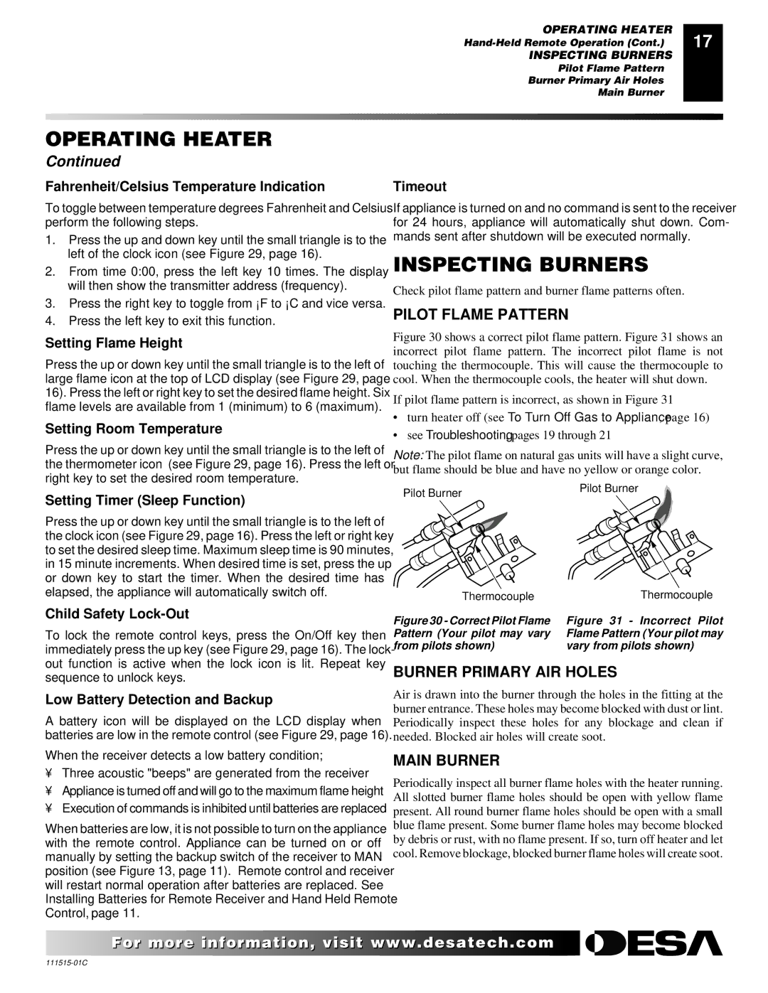 Desa LDL3924PR, LDL3930PR, LDL3930NR Inspecting Burners, Pilot Flame Pattern, Burner Primary AIR Holes, Main Burner 