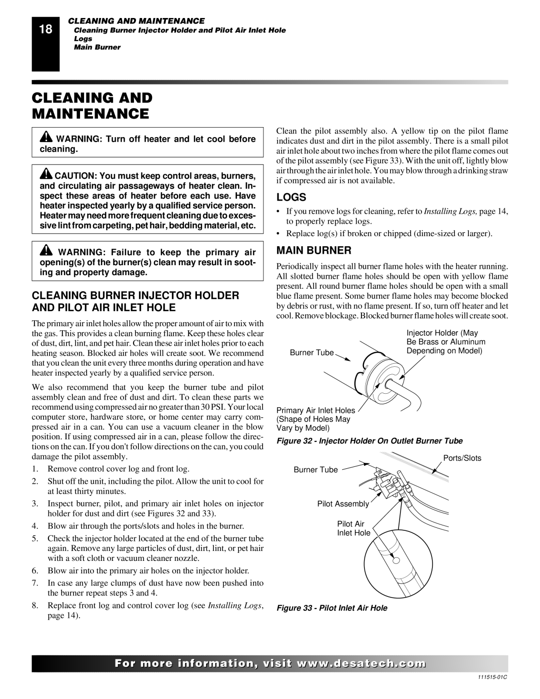 Desa LDL3930PR, LDL3930NR Cleaning and Maintenance, Cleaning Burner Injector Holder and Pilot AIR Inlet Hole, Logs 