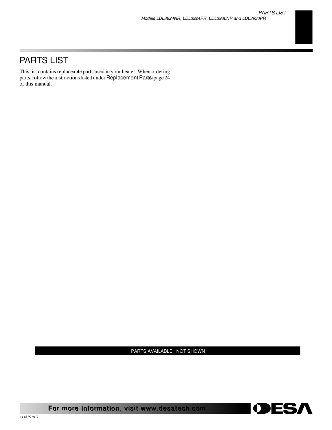 Desa LDL3924PR, LDL3930PR, LDL3930NR installation manual Parts List 