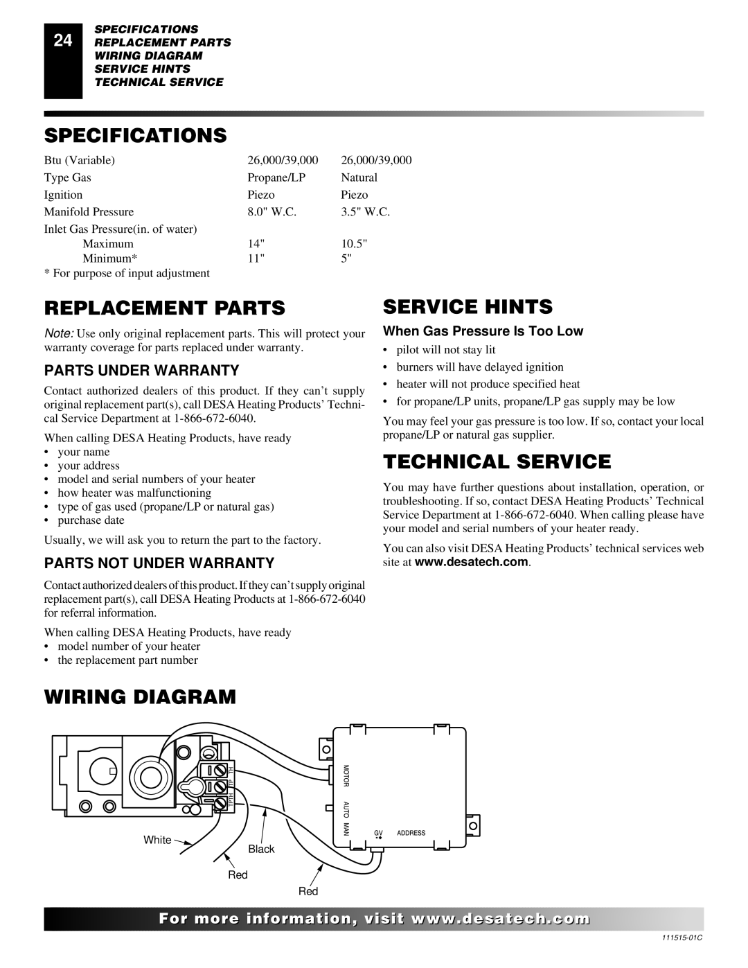 Desa LDL3930PR, LDL3930NR, LDL3924PR Specifications, Replacement Parts, Wiring Diagram Service Hints, Technical Service 