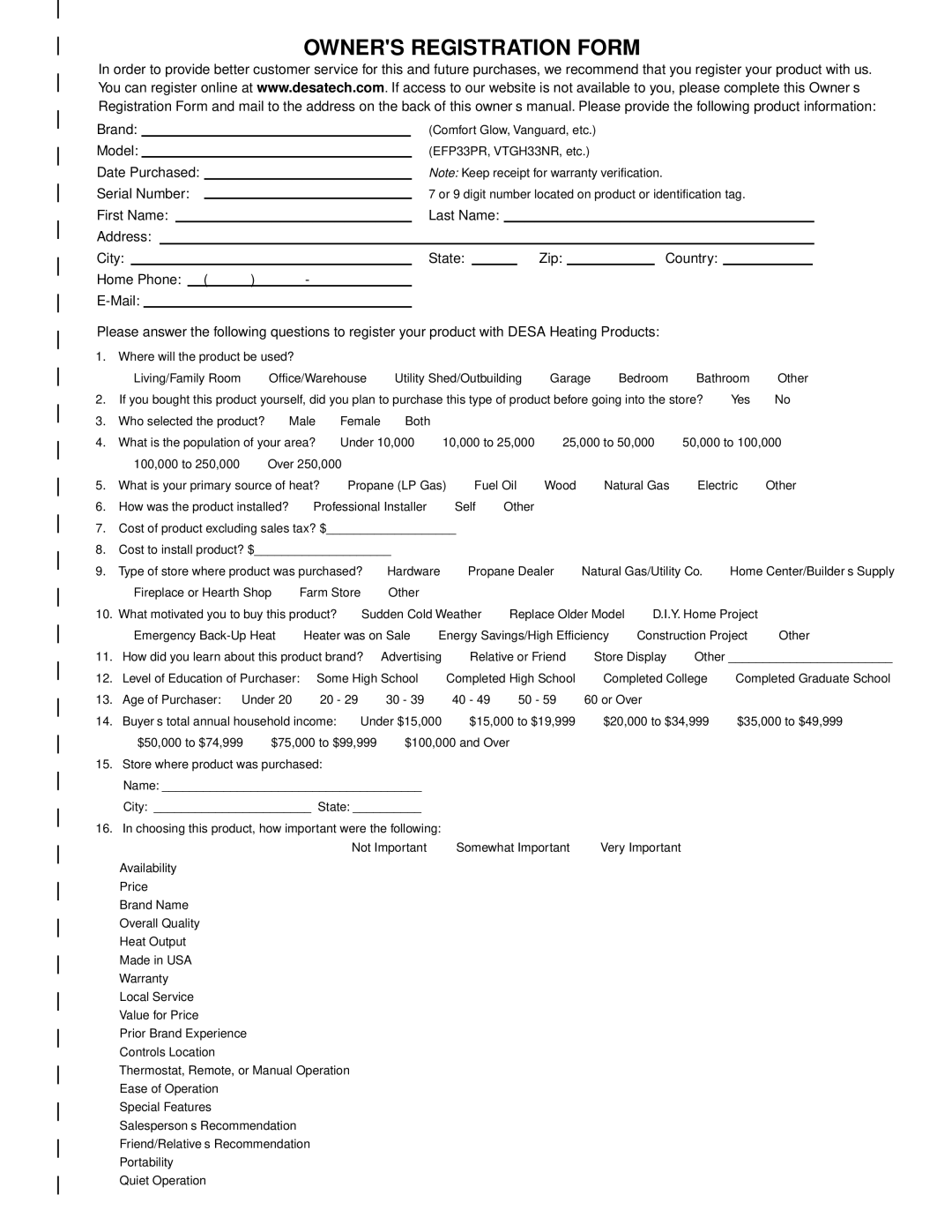 Desa LDL3930NR, LDL3930PR, LDL3924PR installation manual Owners Registration Form 