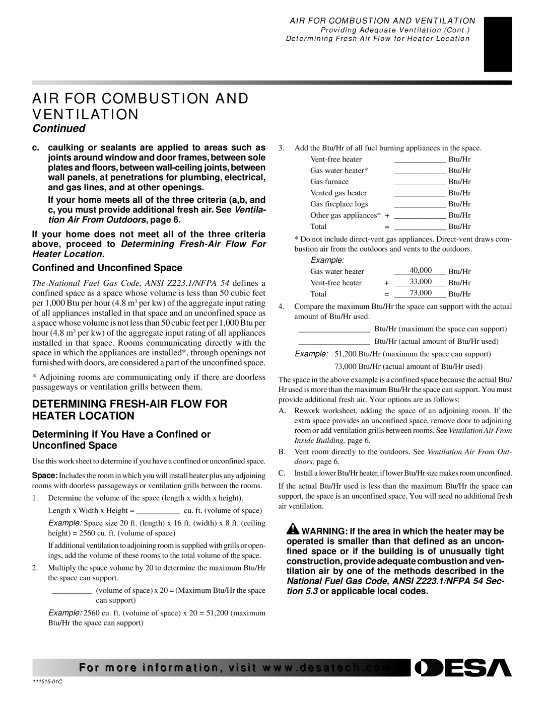 Desa LDL3924PR, LDL3930PR, LDL3930NR Determining FRESH-AIR Flow for Heater Location, Confined and Unconfined Space 