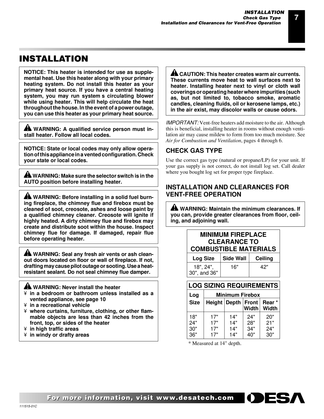 Desa LDL3930NR, LDL3930PR, LDL3924PR installation manual Installation, Check GAS Type, LOG Sizing Requirements 