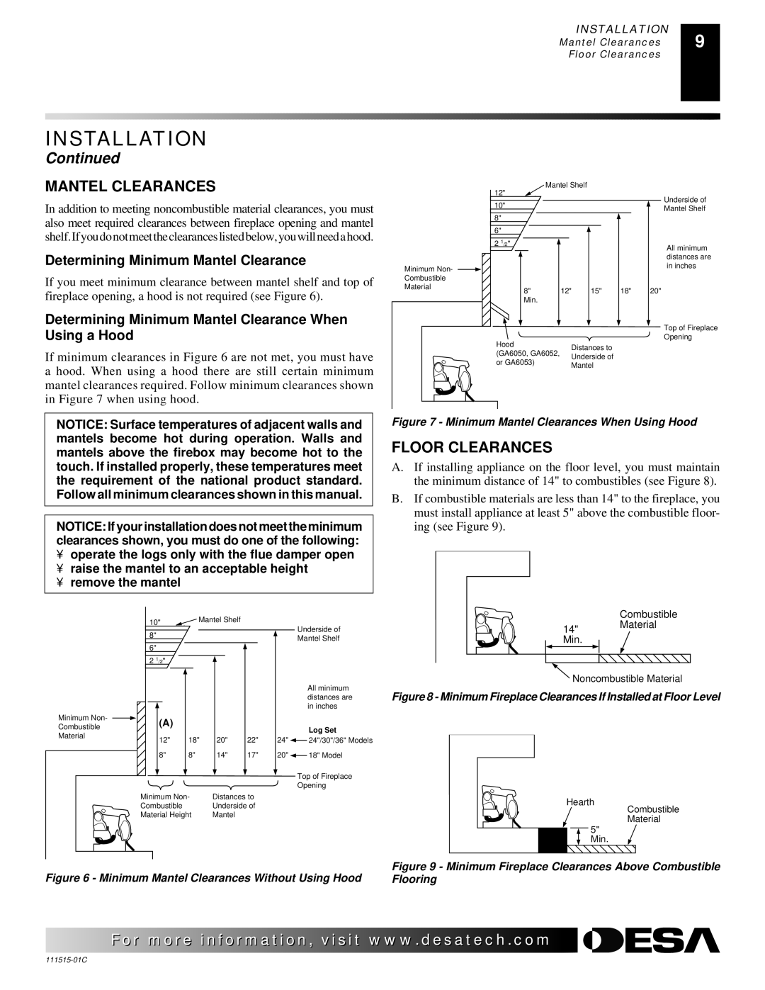 Desa LDL3930PR, LDL3930NR, LDL3924PR Mantel Clearances, Floor Clearances, Determining Minimum Mantel Clearance 