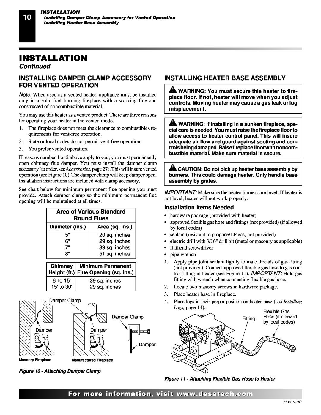 Desa LDL3930NR, LDL3930PR Installing Heater Base Assembly, Area of Various Standard, Installation Items Needed, Continued 