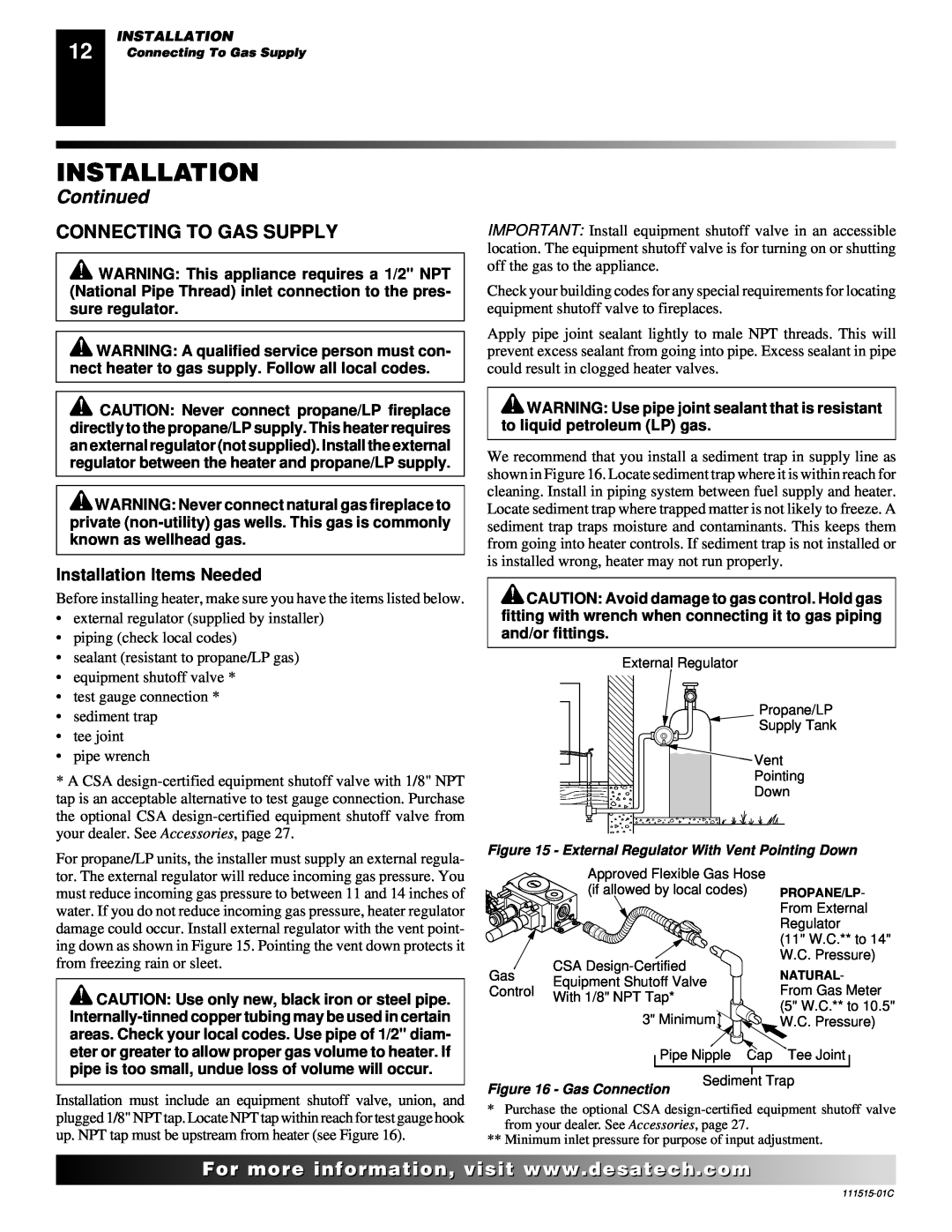 Desa LDL3930PR, LDL3930NR, LDL3924PR installation manual Connecting To Gas Supply, Continued, Installation Items Needed 