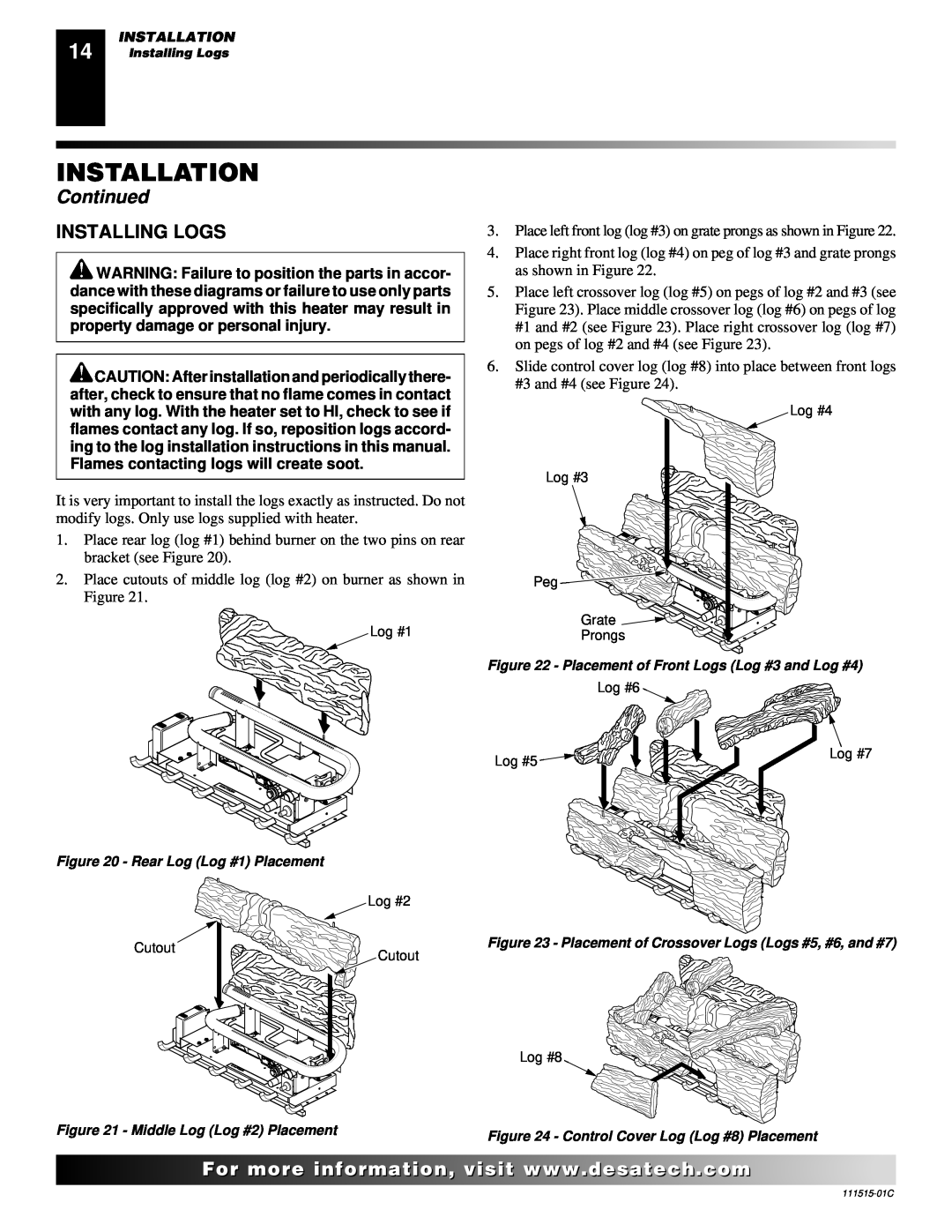 Desa LDL3924PR, LDL3930PR, LDL3930NR installation manual Installing Logs, Installation, Continued 