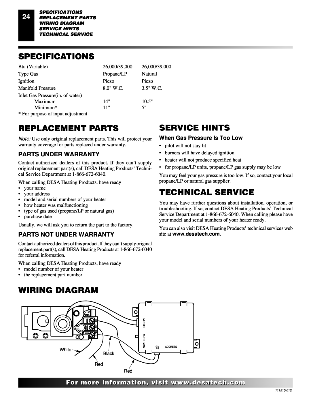 Desa LDL3930PR Specifications, Replacement Parts, Wiring Diagram, Service Hints, Technical Service, Parts Under Warranty 