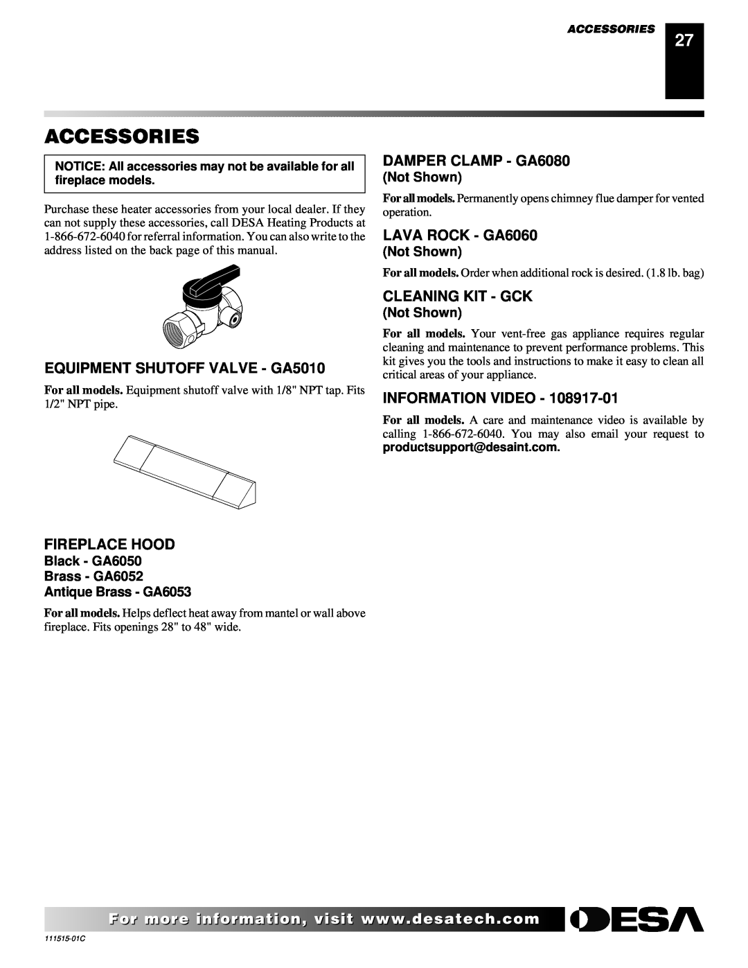 Desa LDL3930PR Accessories, EQUIPMENT SHUTOFF VALVE - GA5010, Fireplace Hood, DAMPER CLAMP - GA6080, LAVA ROCK - GA6060 