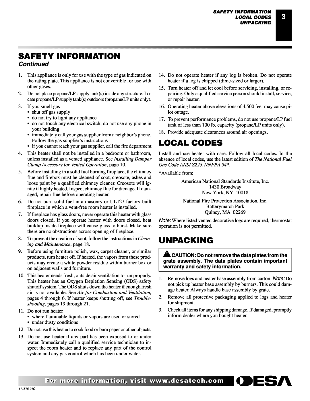 Desa LDL3930PR, LDL3930NR, LDL3924PR installation manual Local Codes, Unpacking, Continued, Safety Information 
