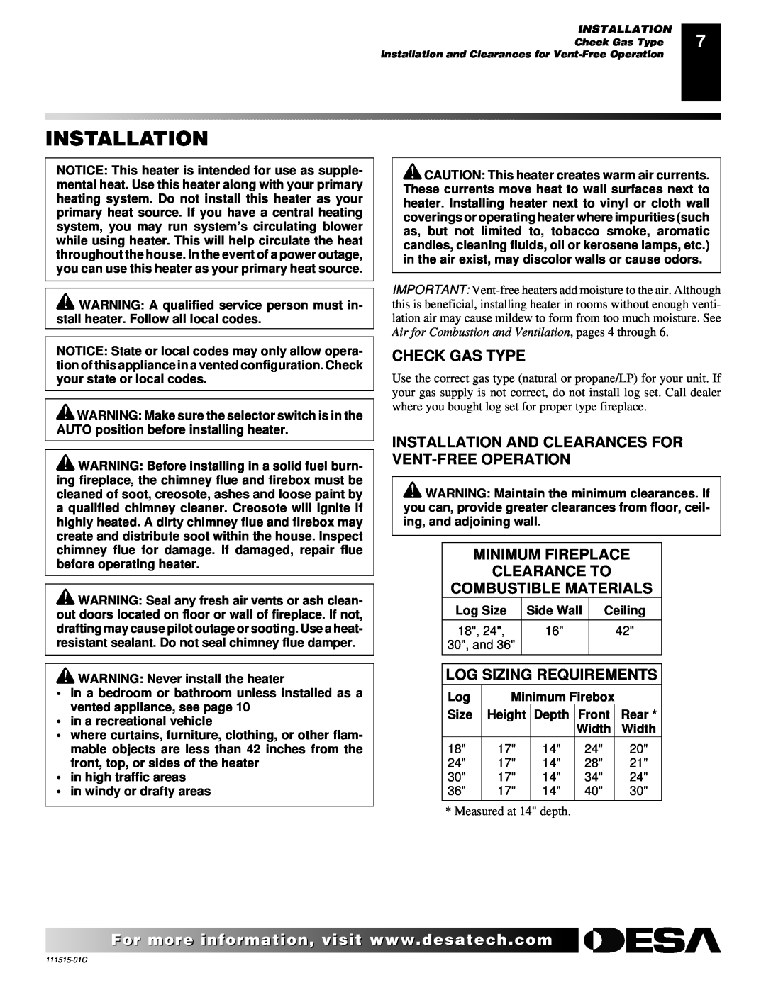 Desa LDL3930NR, LDL3930PR, LDL3924PR Installation, Check Gas Type, Minimum Fireplace Clearance To, Combustible Materials 