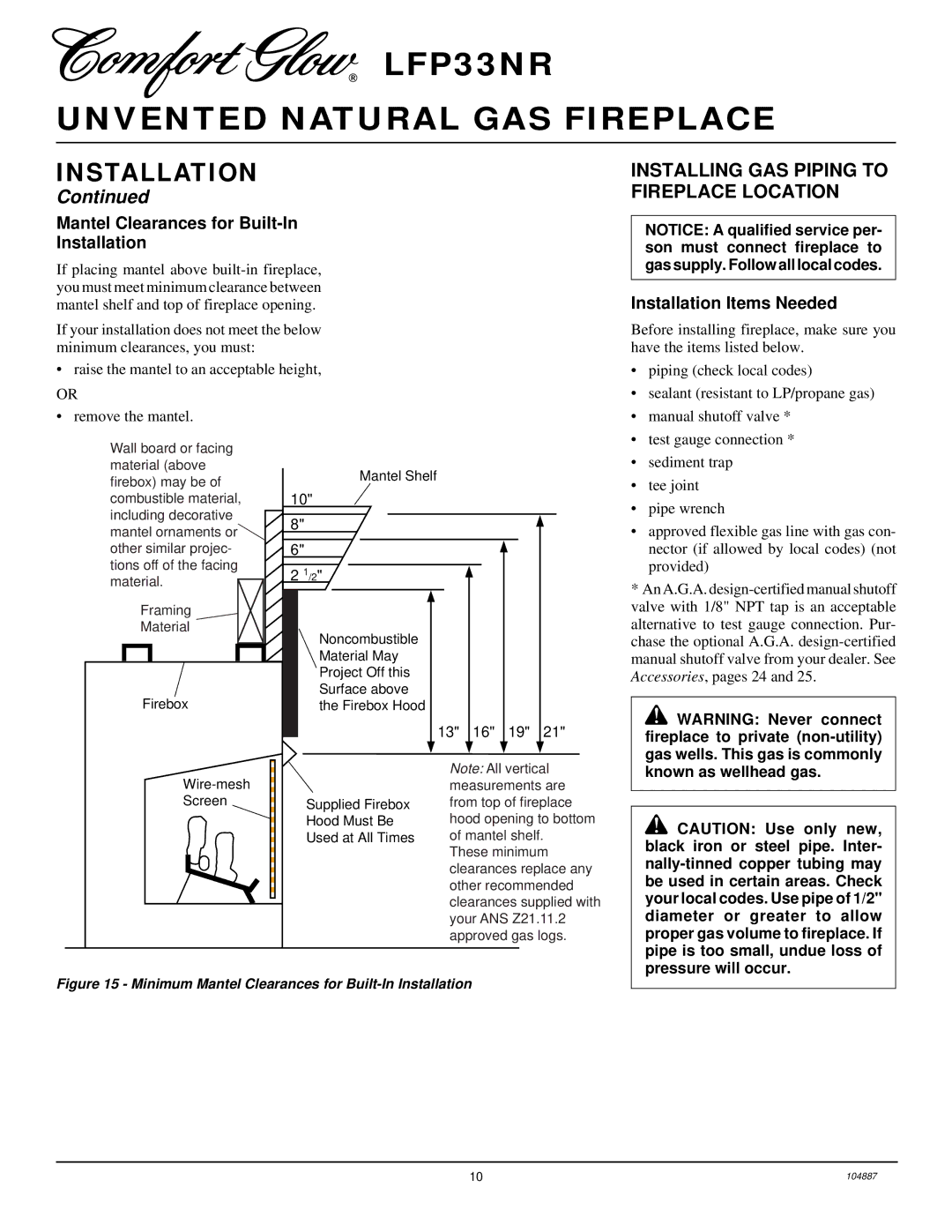 Desa LFP33NR installation manual Installing GAS Piping to Fireplace Location, Mantel Clearances for Built-In Installation 